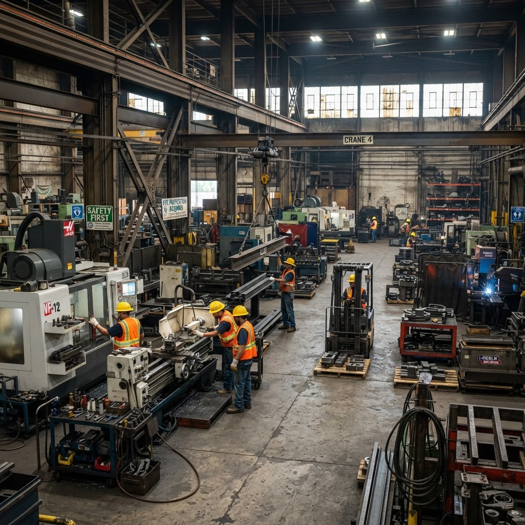Workers in safety gear operating machinery on an industrial factory floor
